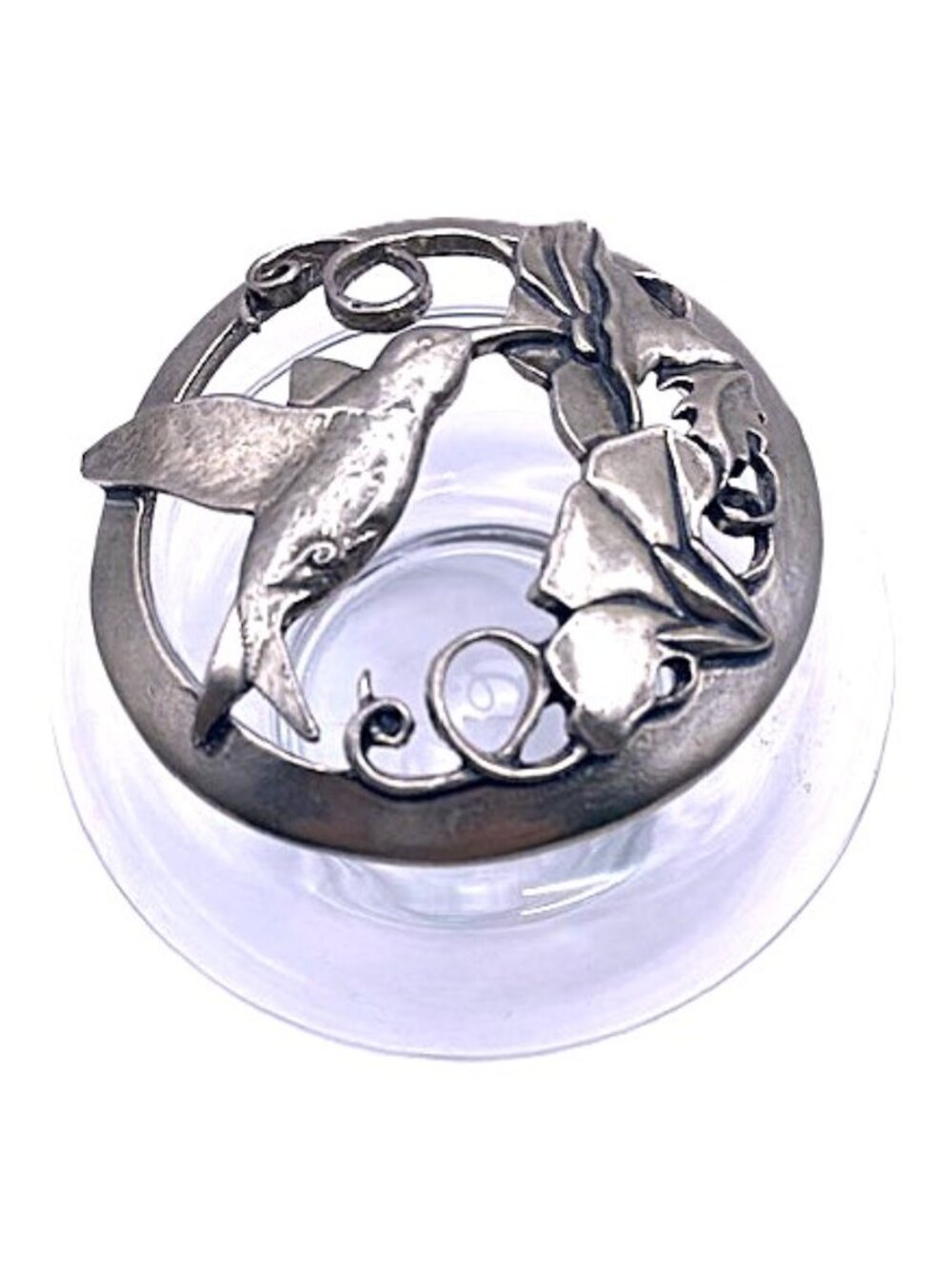 Vintage glass trinket potpourri glass bowl, jar ornate pewter lid hummingbird